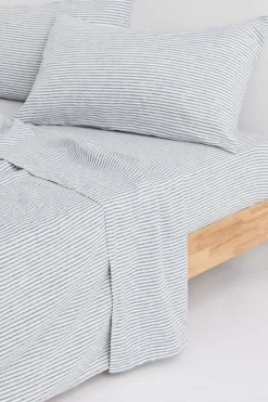 Linen Flat Sheet Ocean Stripe